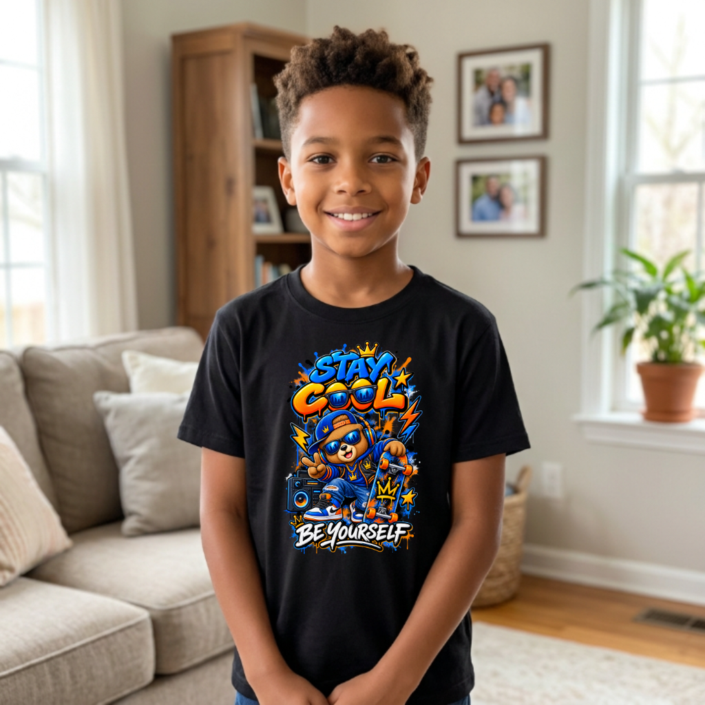 Stay Cool Be Yourself Kids Skater Bear Graphic Tee in black worn by child model
