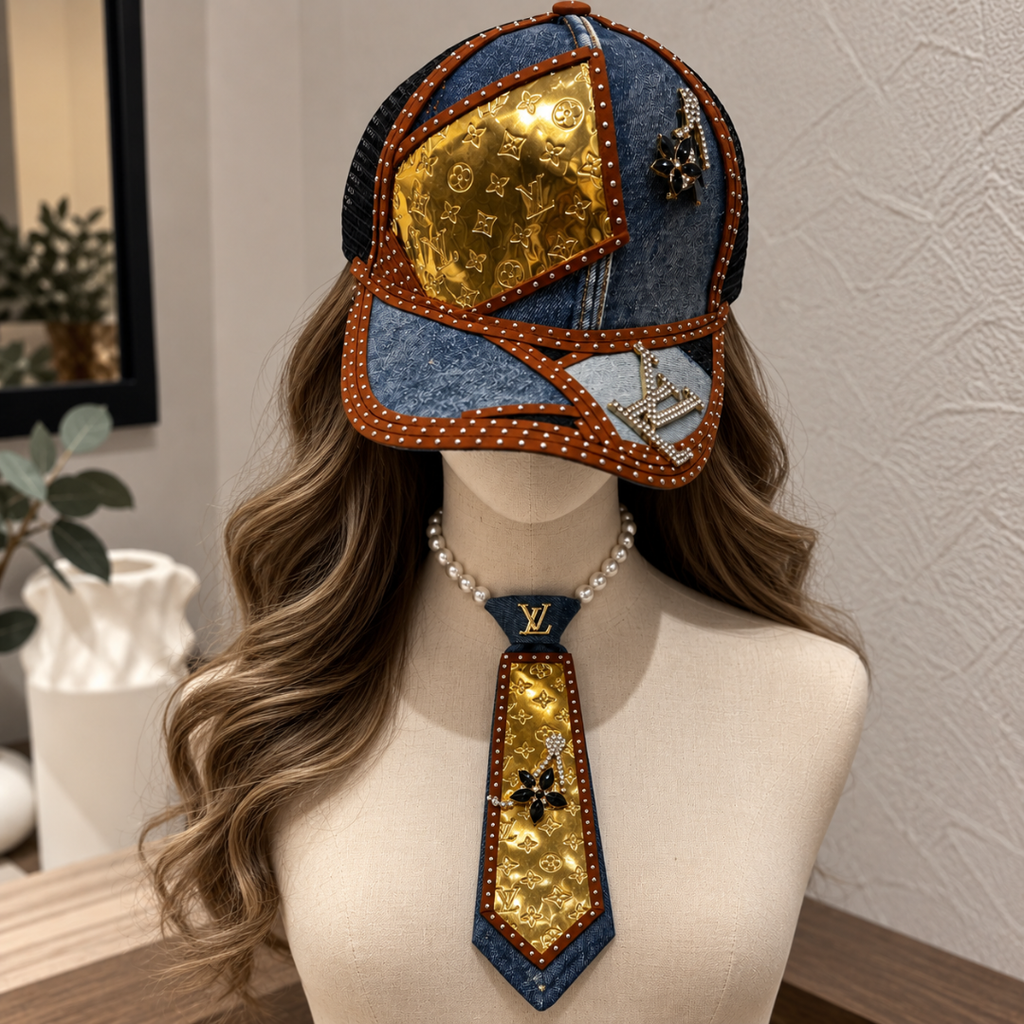 Denim Gold Metallic Monogram Junk Tie Cap Set | Crystal Star Brooch