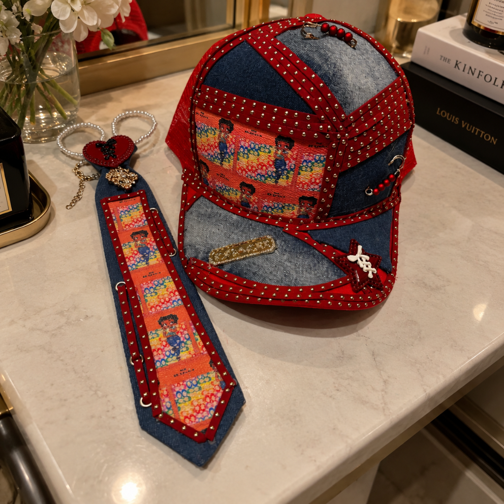 Red Denim Cartoon Print Junk Tie Cap Set | Crystal Heart Brooch