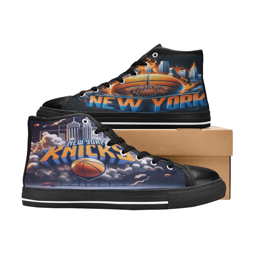 Black high-top canvas sneaker with NY cityscape and basketball arena graphic in orange and blue
