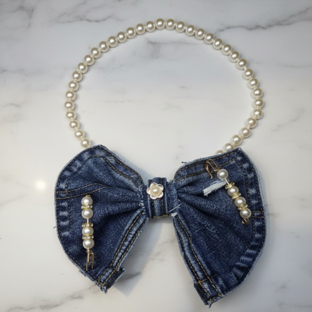 Denim Pearl Bow Tie | Pearl Chain Neckband
