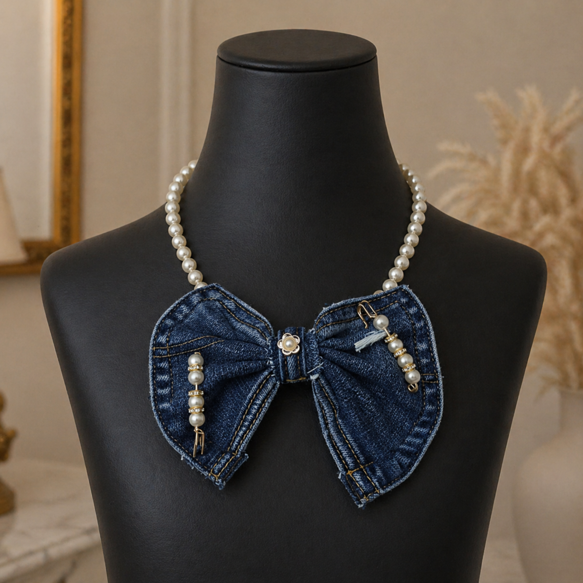 Denim Pearl Bow Tie | Pearl Chain Neckband