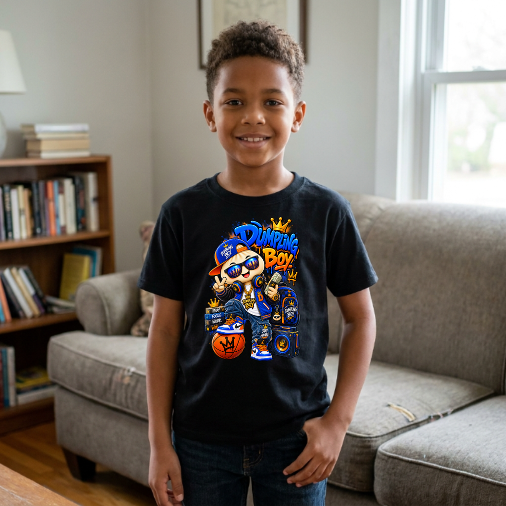 Dumpling Boy Pray Focus Work Win Kids Streetwear Graphic Tee