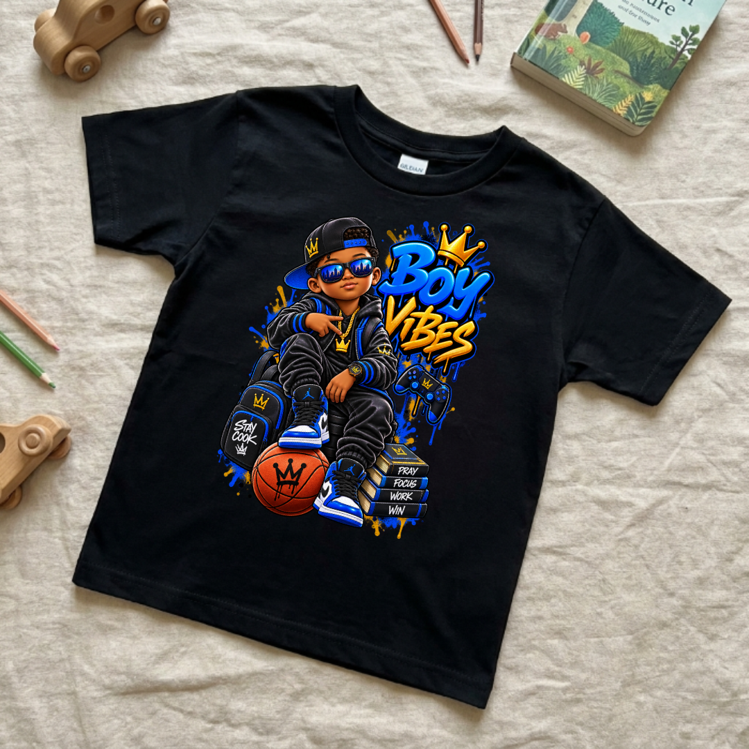 Boy Vibes Stay Cool Pray Focus Work Win Kids Streetwear Graphic Tee in black flat lay