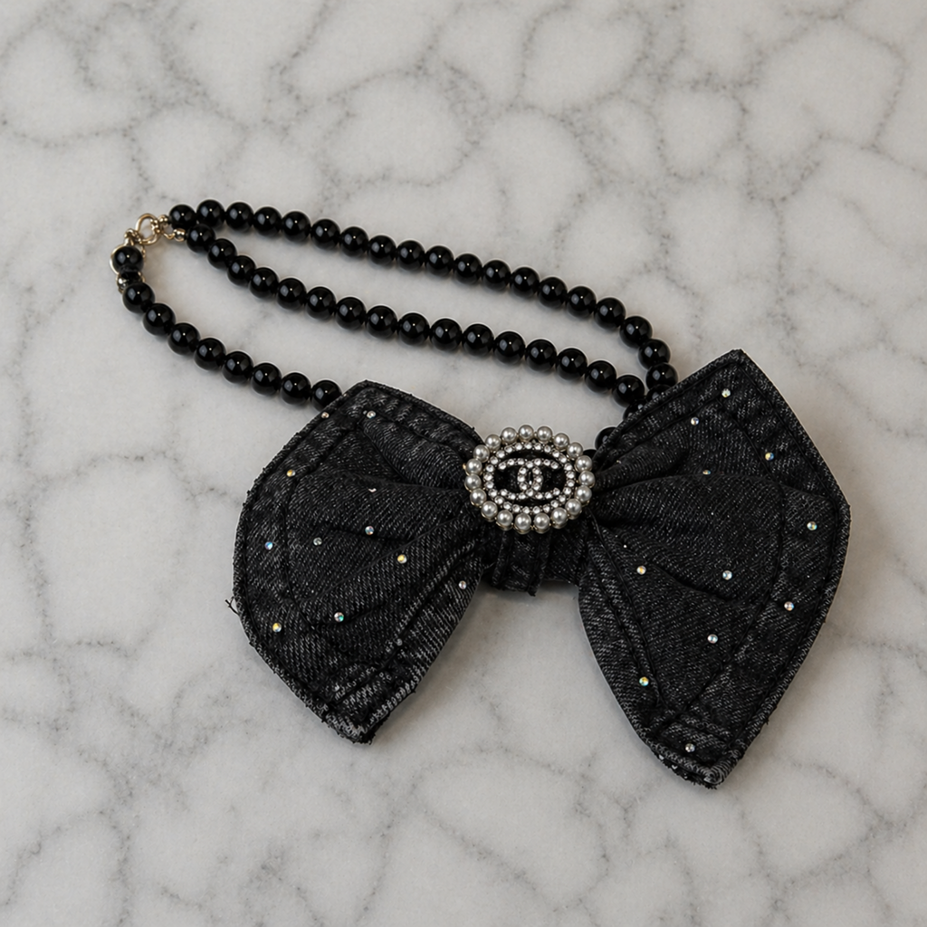 Black Denim Crystal Bow Tie | Pearl Chain