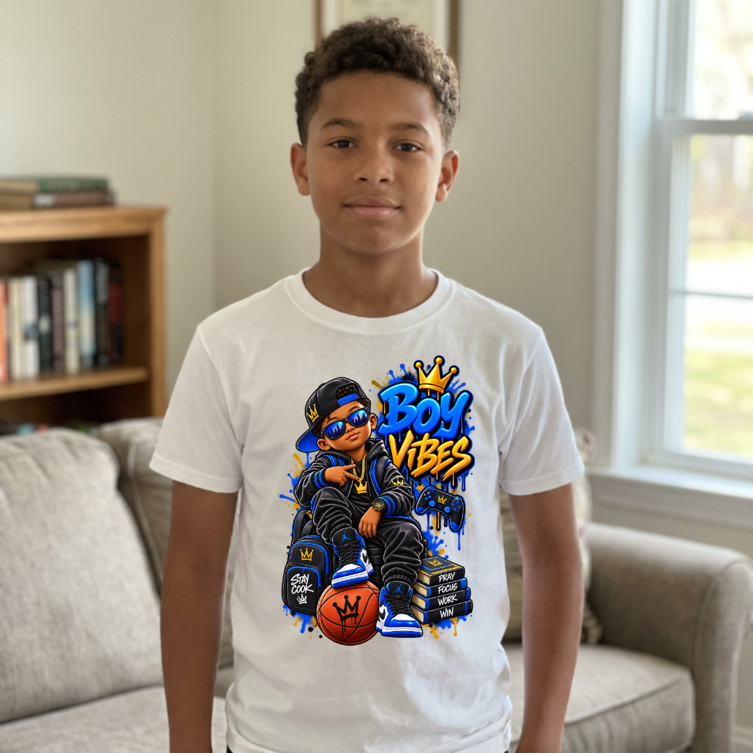 Boy Vibes Stay Cool Pray Focus Work Win Kids Streetwear Graphic Tee in white worn by child model