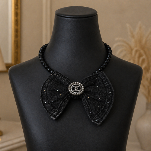 Black Denim Crystal Bow Tie | Pearl Chain