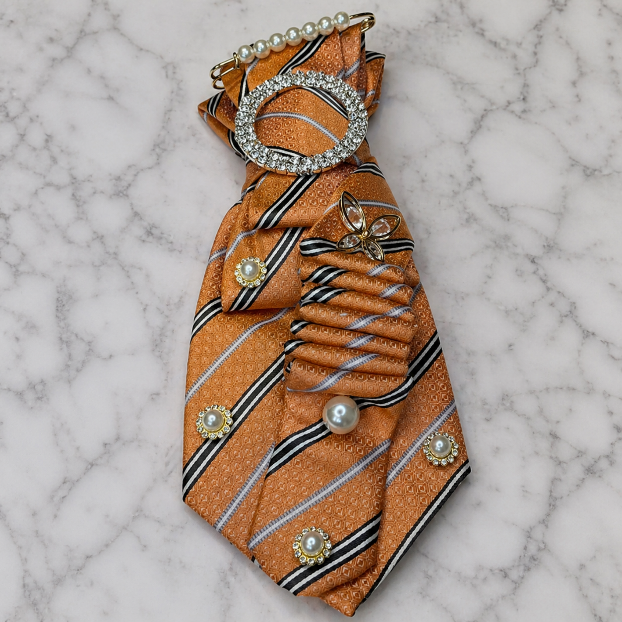 Orange Striped Pearl Junk Tie | Crystal Brooch