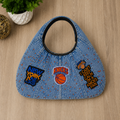 NY Basketball Fan Denim Hobo Bag | Rhinestone Dot Embroidered Patch Statement Purse