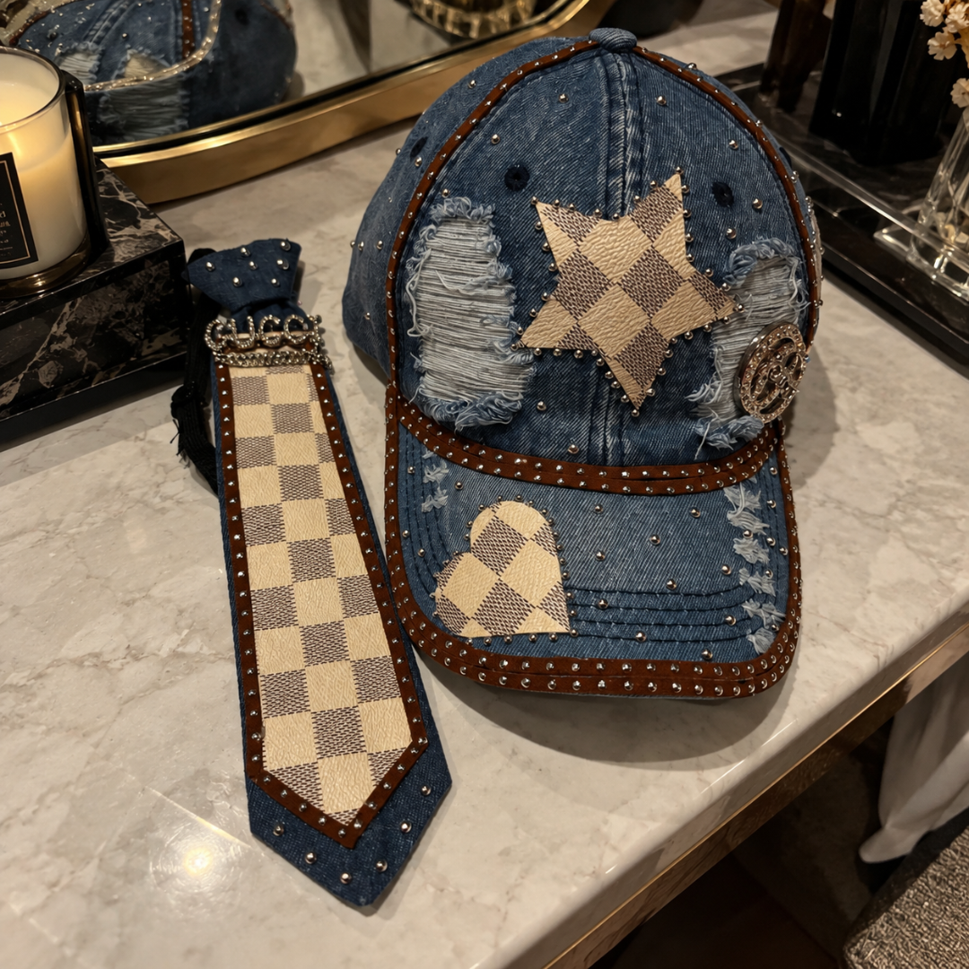 Denim Blue Checkered Star Junk Tie Cap Set | Rhinestone Studded
