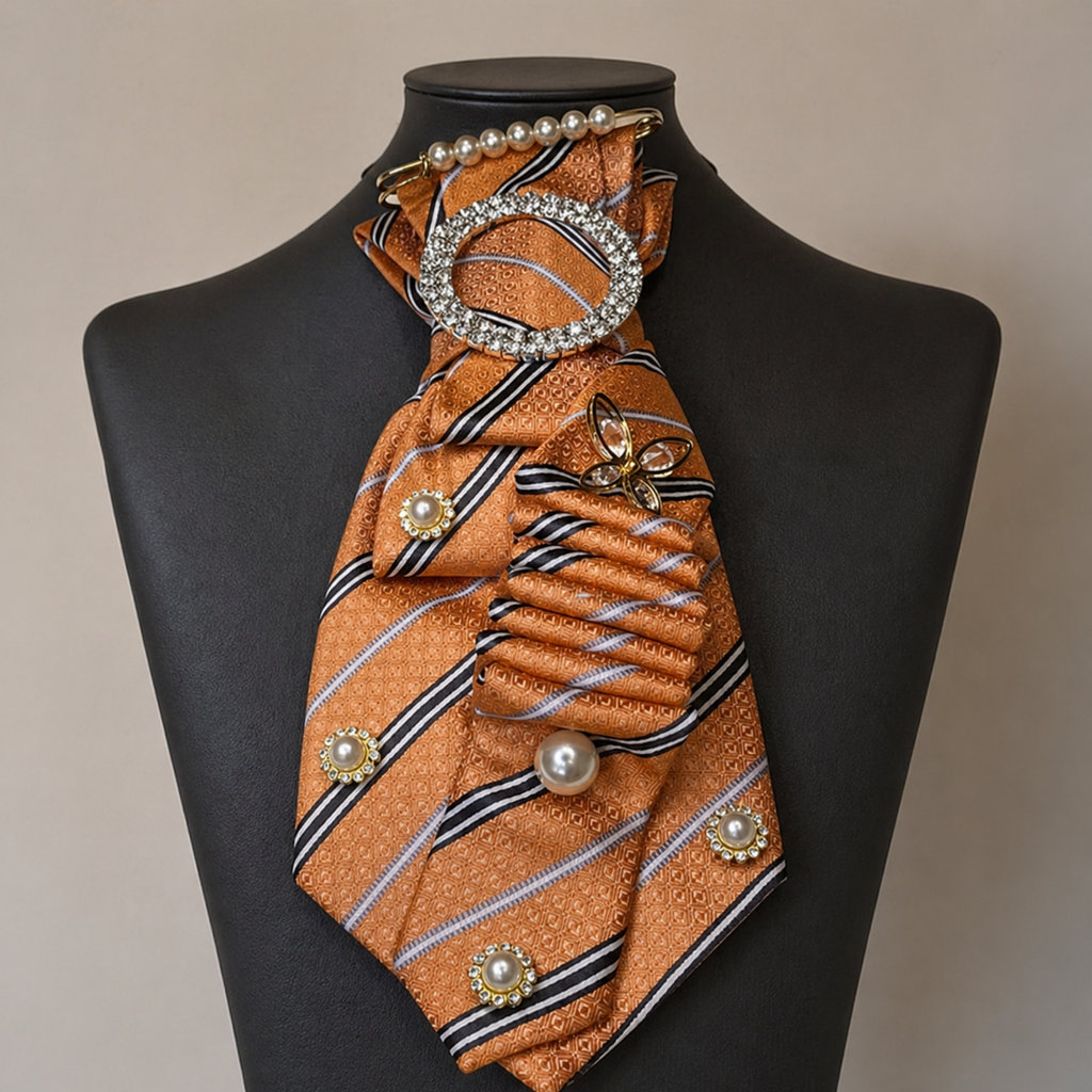 Orange Striped Pearl Junk Tie | Crystal Brooch