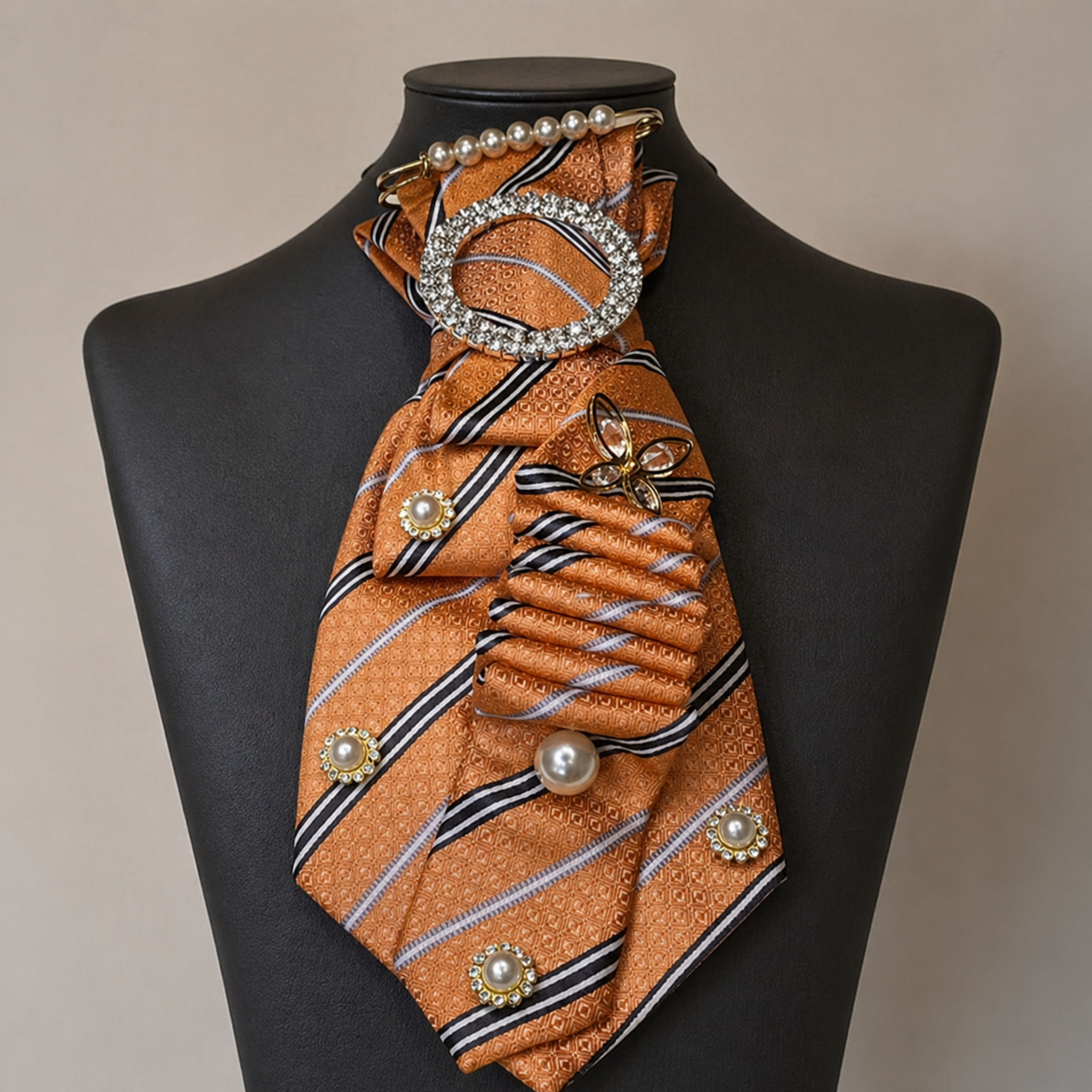 Orange Striped Pearl Junk Tie | Crystal Brooch