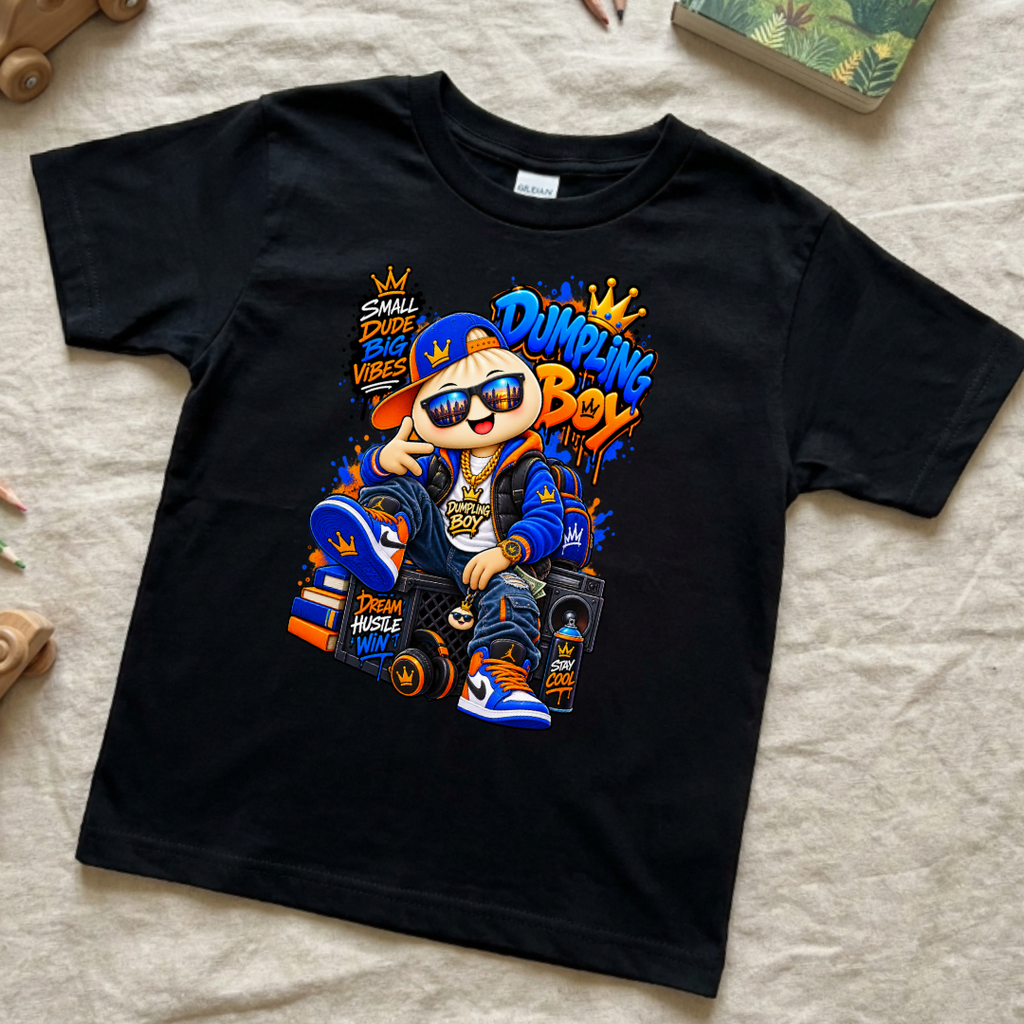 Dumpling Boy Small Dude Big Vibes Dream Hustle Win Kids Streetwear Graphic Tee