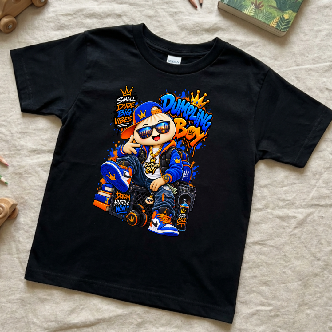 Dumpling Boy Small Dude Big Vibes Dream Hustle Win Kids Streetwear Graphic Tee