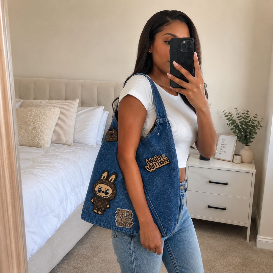 Labubu Denim Tote Bag Kinda Boujee Kinda Broke for Women