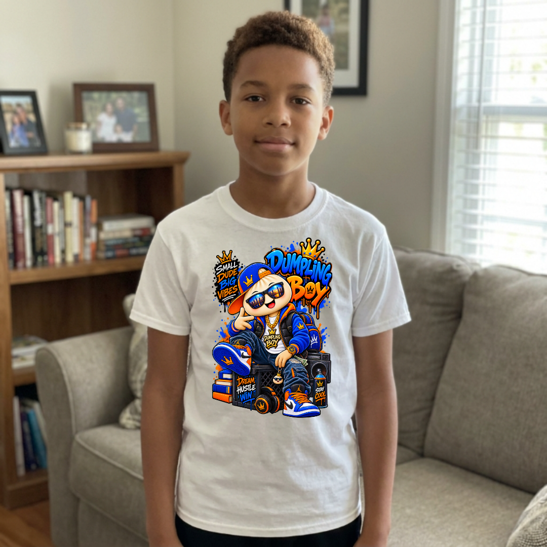 Dumpling Boy Small Dude Big Vibes Dream Hustle Win Kids Streetwear Graphic Tee
