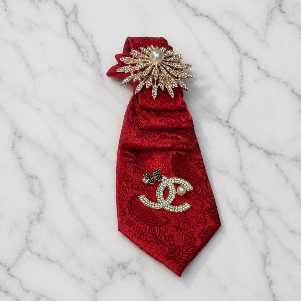 Red Jacquard Junk Tie | Crystal Sunburst Brooch