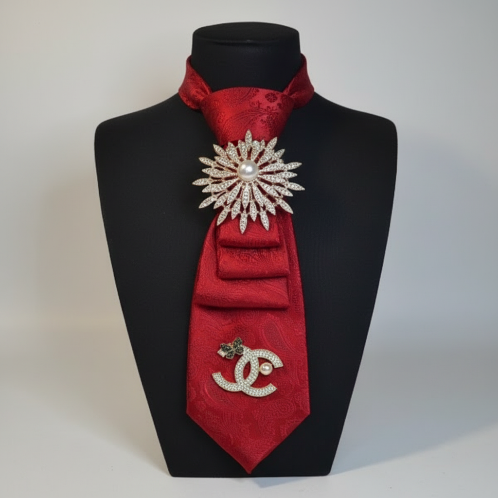 Red Jacquard Junk Tie | Crystal Sunburst Brooch