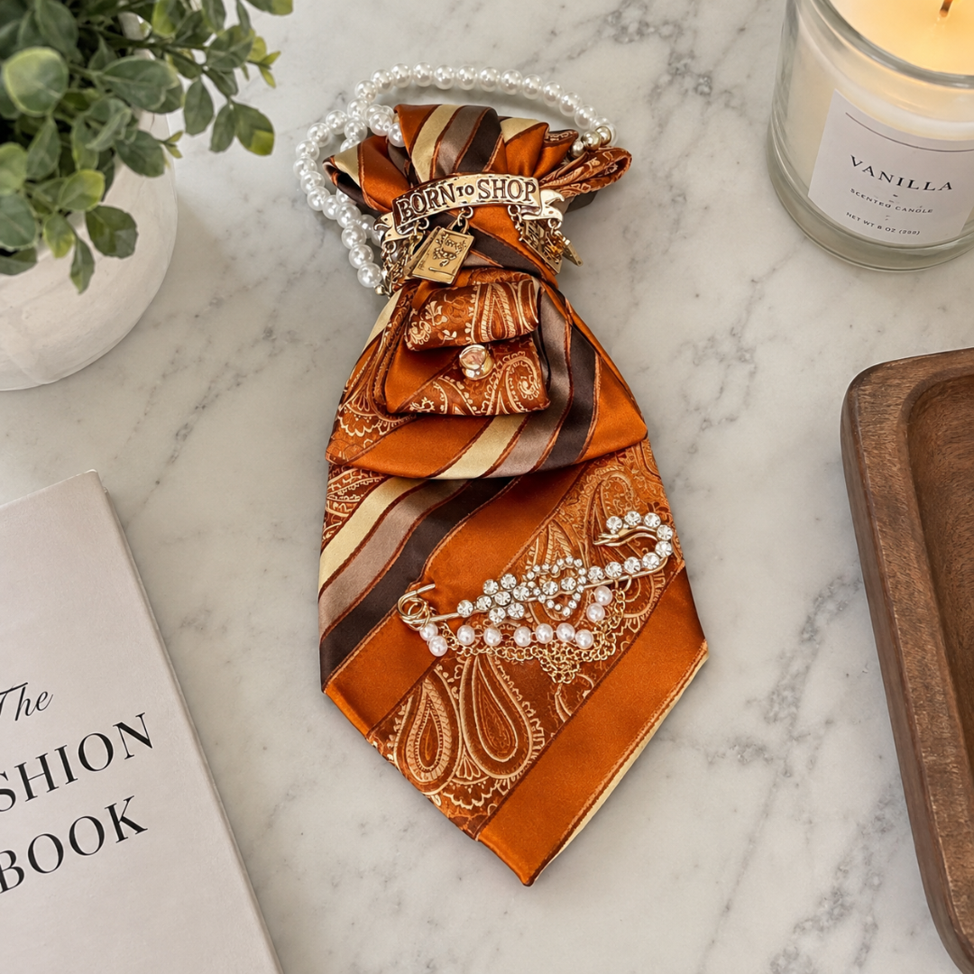 Burnt Orange Paisley Striped Junk Tie | Pearl Crystal Brooch