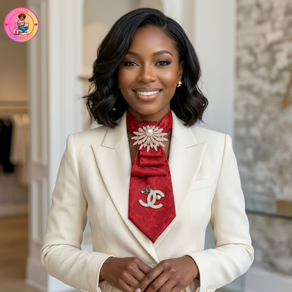 Red Jacquard Junk Tie | Crystal Sunburst Brooch