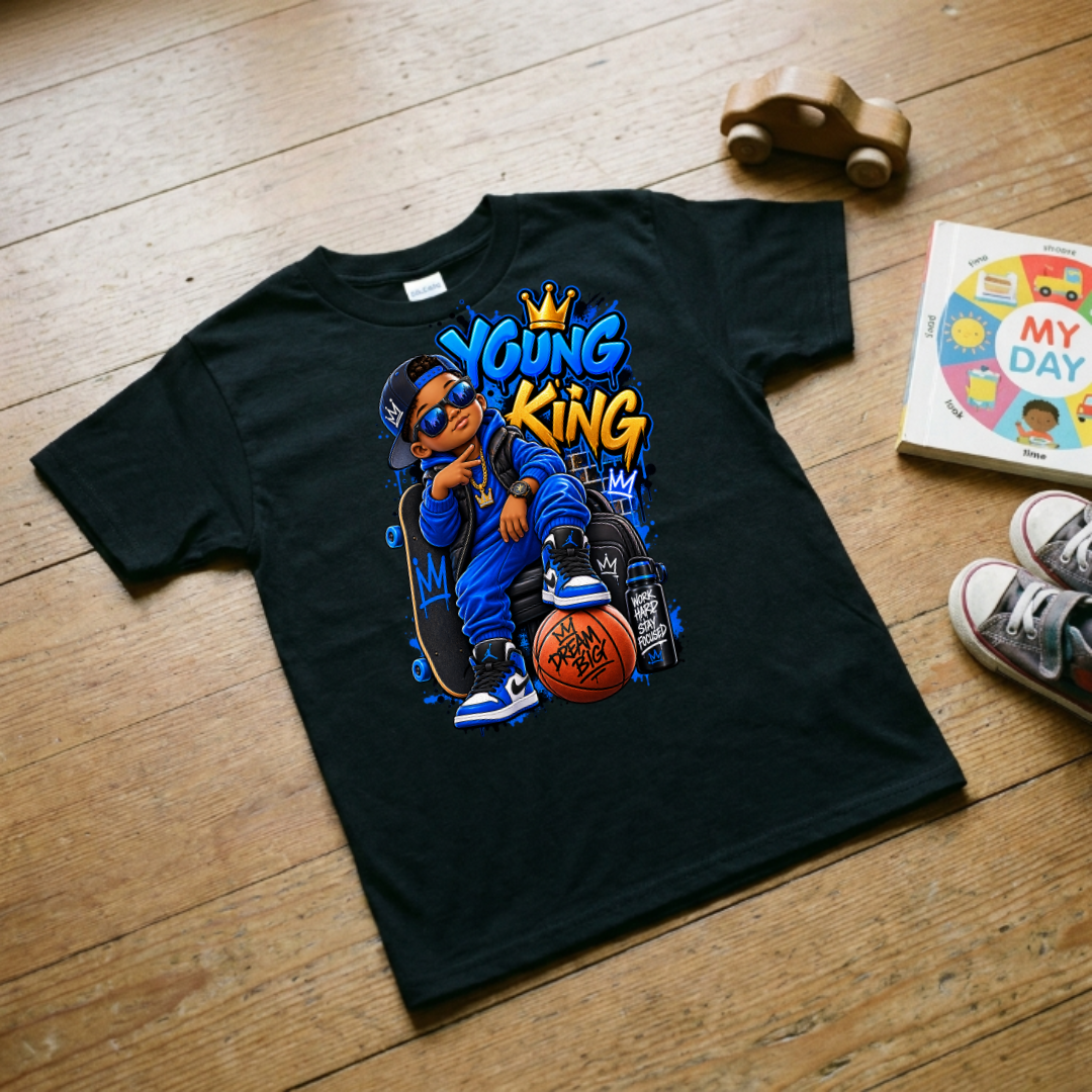 Young King Dream Big Work Hard Stay Focused Kids Streetwear Graphic Tee