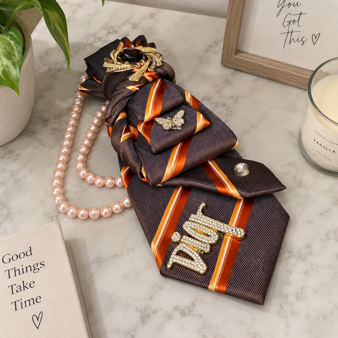 Dark Brown Orange Striped Junk Tie | Rose Pearl Crystal Butterfly Brooch
