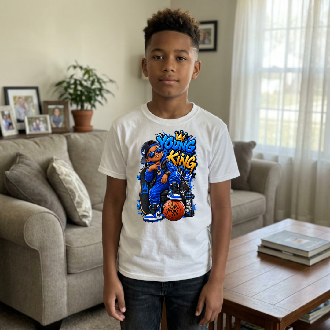 Young King Dream Big Work Hard Stay Focused Kids Streetwear Graphic Tee