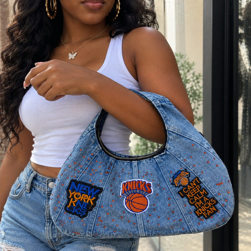 NY Basketball Fan Denim Hobo Bag | Rhinestone Dot Embroidered Patch Statement Purse