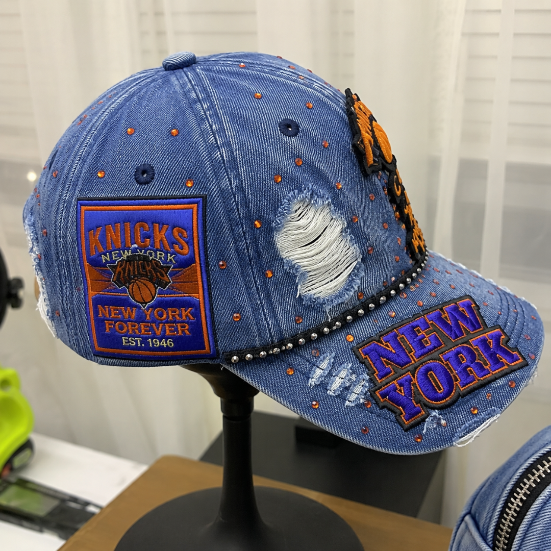 New York Basketball Denim Cap | Orange Rhinestone & Beaded Statement Hat