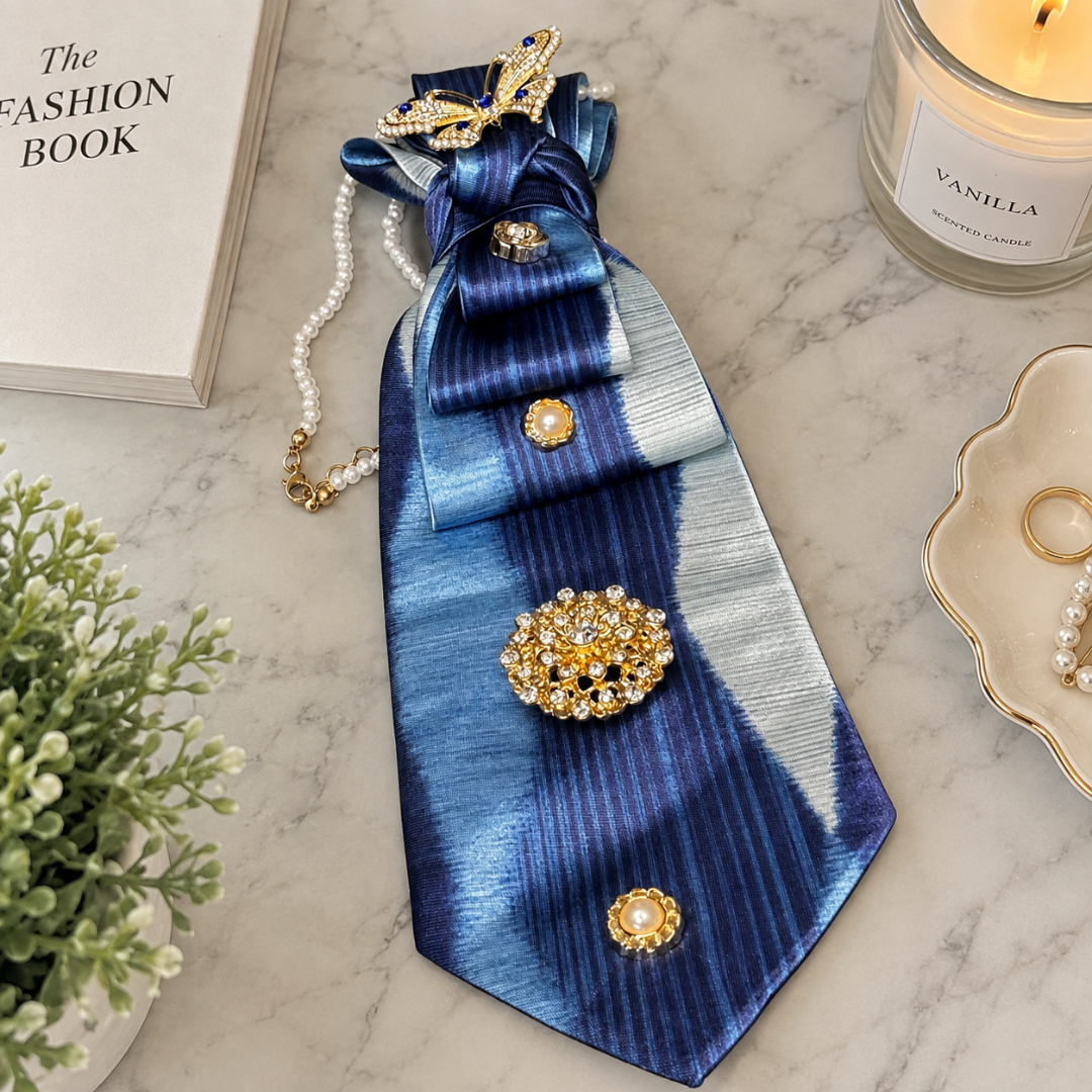 Navy Blue Ombre Satin Junk Tie | Gold Crystal Butterfly Pearl Brooch