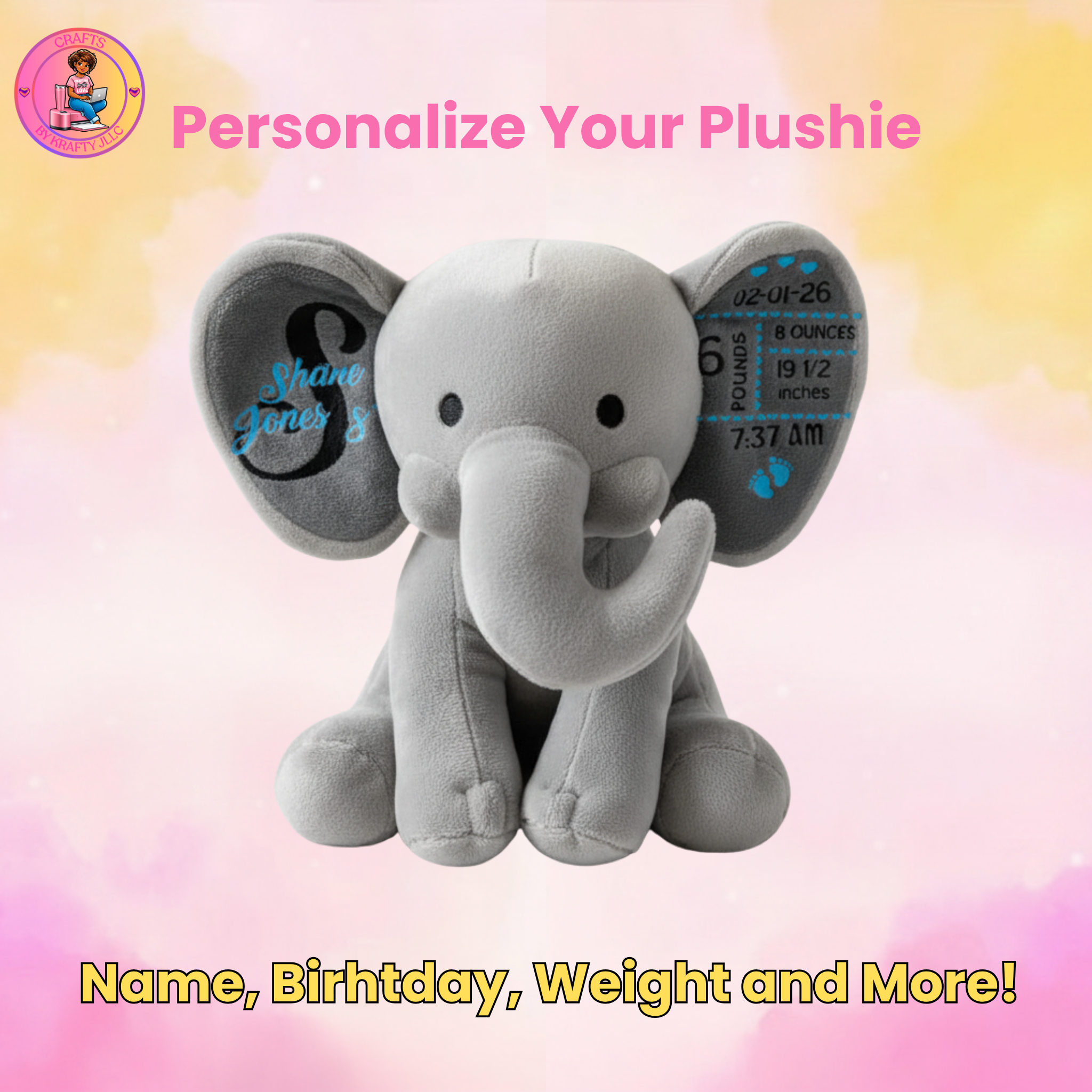 Personalized Birth Stats Elephant Plushie