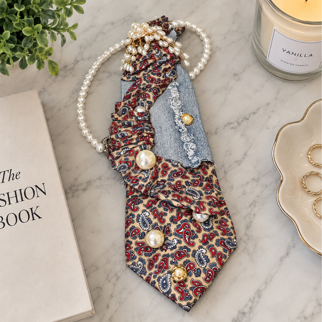 Tan Red Paisley Denim Junk Tie | Freshwater Pearl Cluster Brooch
