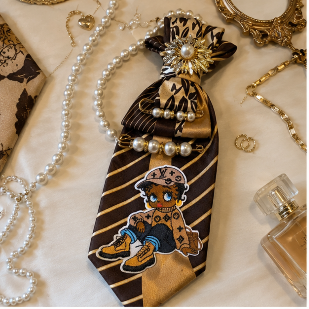 Boujee Girl Junk Tie Women Brown Gold Pearl Brooch