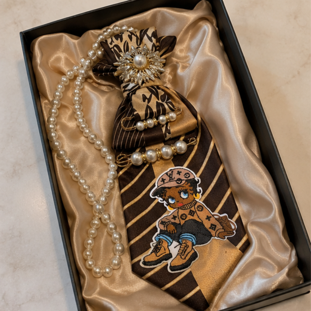 Boujee Girl Junk Tie Women Brown Gold Pearl Brooch