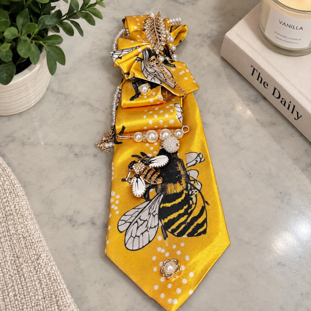 Golden Yellow Bumble Bee Polka Dot Junk Tie | Crystal Bee Pearl Leaf Brooch