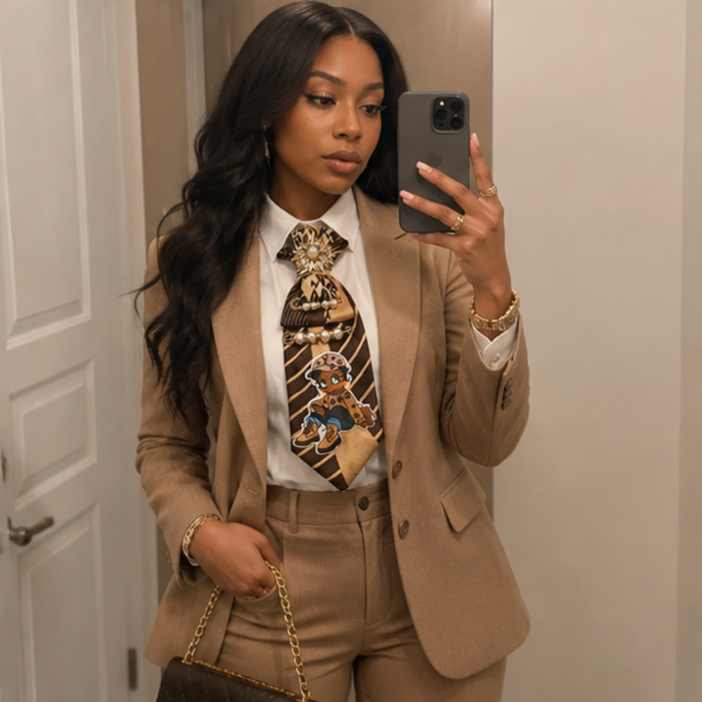 Boujee Girl Junk Tie Women Brown Gold Pearl Brooch