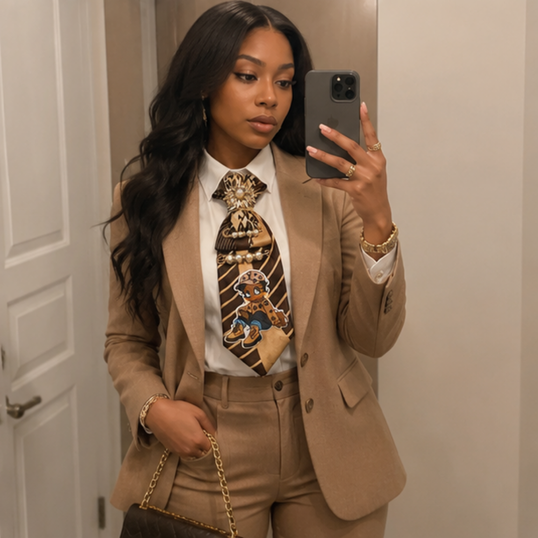 Boujee Girl Junk Tie Women Brown Gold Pearl Brooch