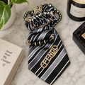 Black Gray White Striped Junk Tie | Gold Crystal Letter Bar Dark Pearl Brooch