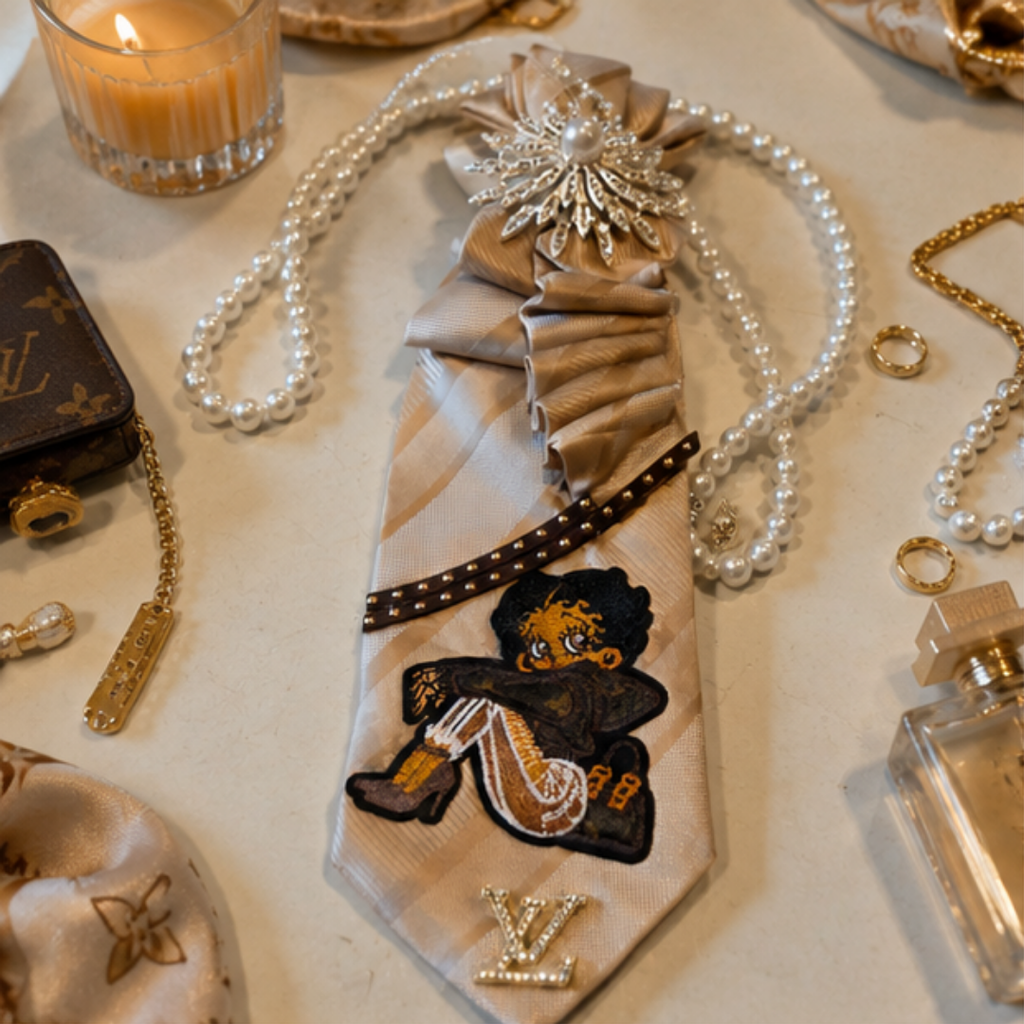 Betty Boop Junk Tie Women Champagne Satin Pearl Brooch
