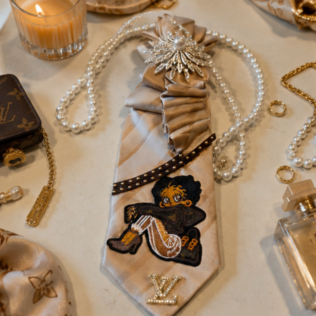 Betty Boop Junk Tie Women Champagne Satin Pearl Brooch