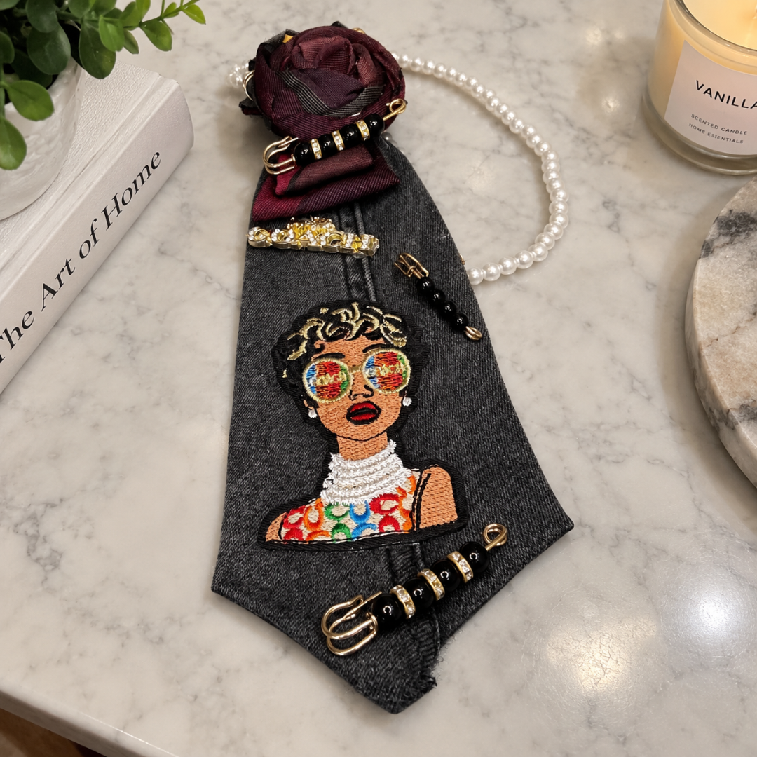 Charcoal Denim Junk Tie | Embroidered Glam Girl Patch Burgundy Rose Pearl Brooch