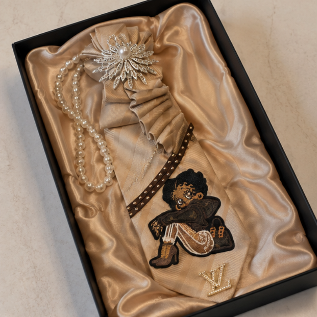 Betty Boop Junk Tie Women Champagne Satin Pearl Brooch