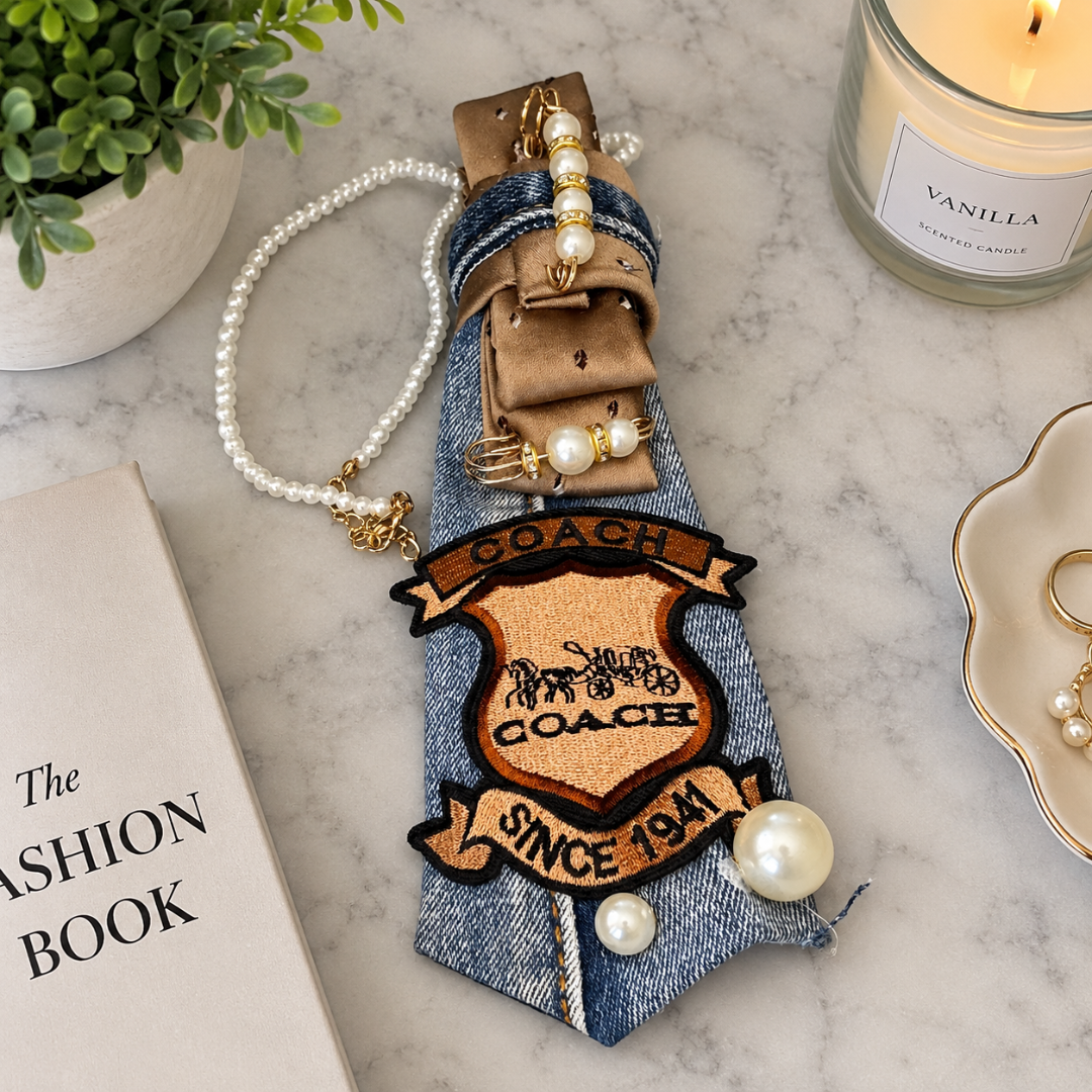 Light Wash Denim Tan Leather Junk Tie | Heritage Crest Patch Oversized Pearl Brooch