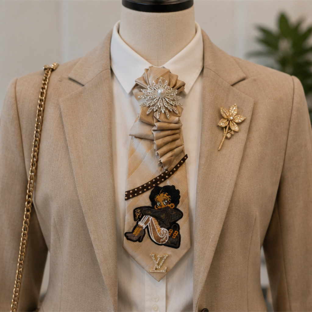 Betty Boop Junk Tie Women Champagne Satin Pearl Brooch