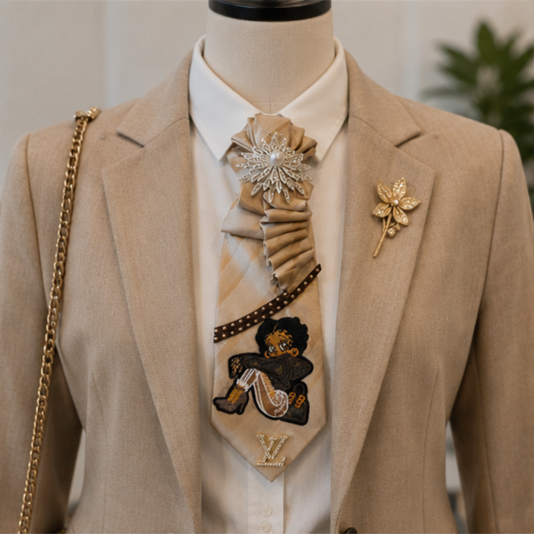 Betty Boop Junk Tie Women Champagne Satin Pearl Brooch