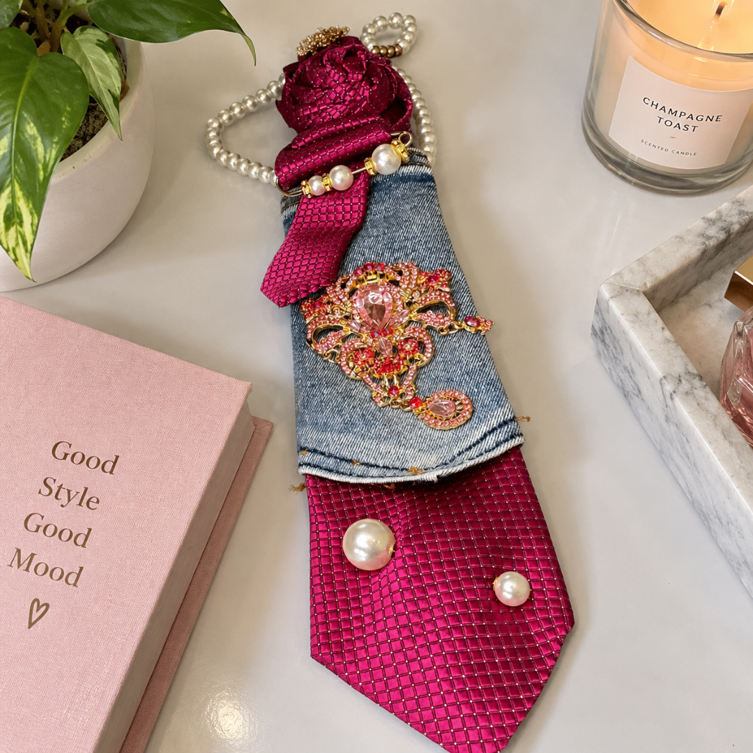 Magenta Woven Denim Junk Tie | Pink Crystal Dragon Pearl Rose Brooch