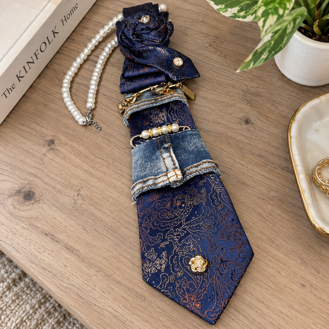 Navy Blue Gold Paisley Jacquard Denim Junk Tie | Gold Rose Pearl Safety Pin Brooch