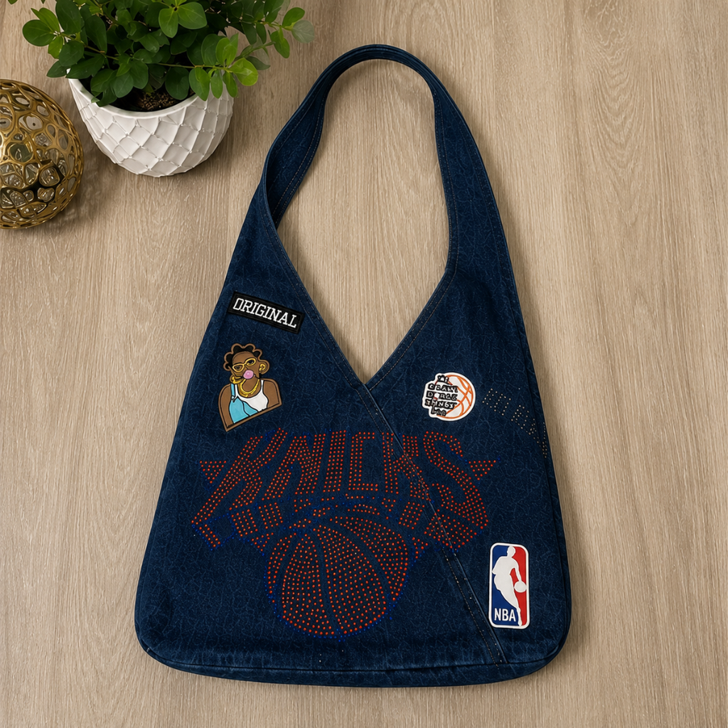NY Basketball Fan Dark Denim Shoulder Bag | Rhinestone Logo Original Patch Statement Purse