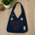 NY Basketball Fan Dark Denim Shoulder Bag | Rhinestone Logo Original Patch Statement Purse
