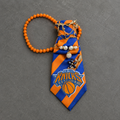 Orange Blue Diagonal Stripe Pearl Junk Tie | Gold Chain Navy Crystal Brooch